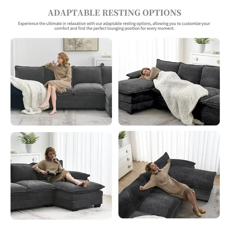 Canapé d'angle 5 places en chenille avec méridienne, gingembre / beige / gris / bleu marine foncé
