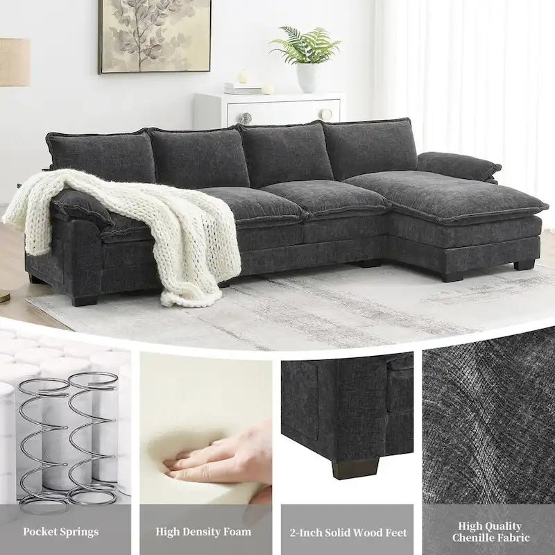 Canapé d'angle 5 places en chenille avec méridienne, gingembre / beige / gris / bleu marine foncé