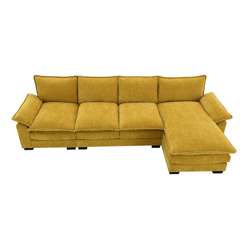 Canapé d'angle 5 places en chenille avec méridienne, gingembre / beige / gris / bleu marine foncé