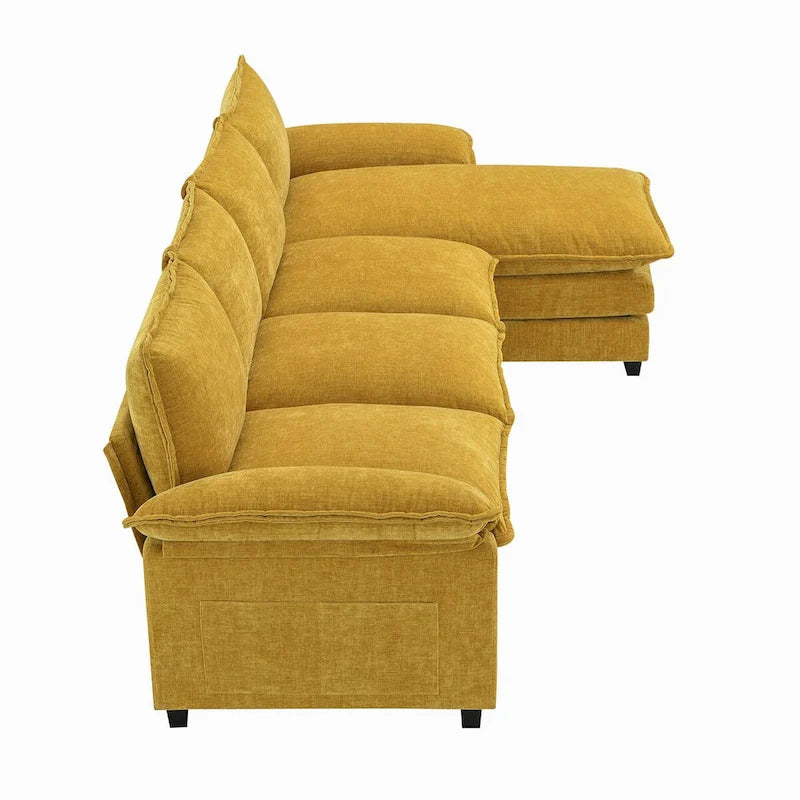 Canapé d'angle 5 places en chenille avec méridienne, gingembre / beige / gris / bleu marine foncé