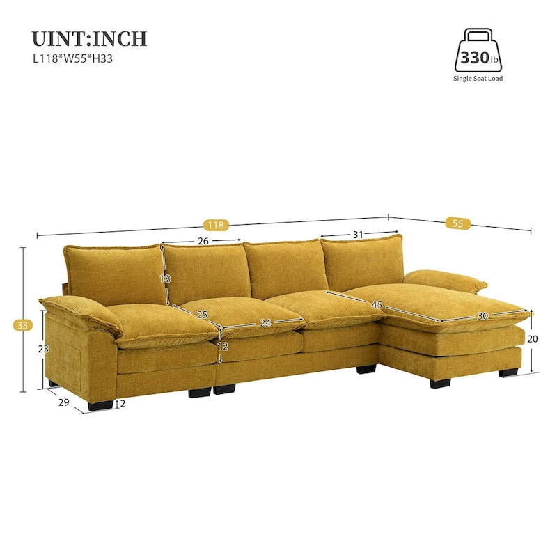 Canapé d'angle 5 places en chenille avec méridienne, gingembre / beige / gris / bleu marine foncé