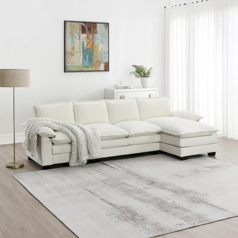 Canapé d'angle 5 places en chenille avec méridienne, gingembre / beige / gris / bleu marine foncé