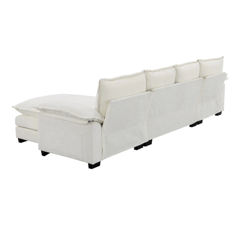 Canapé d'angle 5 places en chenille avec méridienne, gingembre / beige / gris / bleu marine foncé