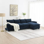 Canapé d'angle 5 places en chenille avec méridienne, gingembre / beige / gris / bleu marine foncé