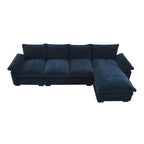 Canapé d'angle 5 places en chenille avec méridienne, gingembre / beige / gris / bleu marine foncé