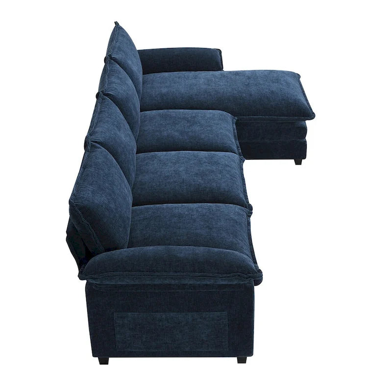 Canapé d'angle 5 places en chenille avec méridienne, gingembre / beige / gris / bleu marine foncé