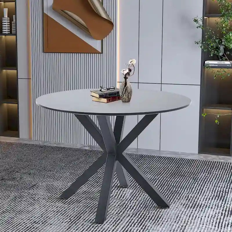 Table à manger ronde, Blanc/Noir/Marbre, 2-4 places, Plateau en MDF et pieds en métal