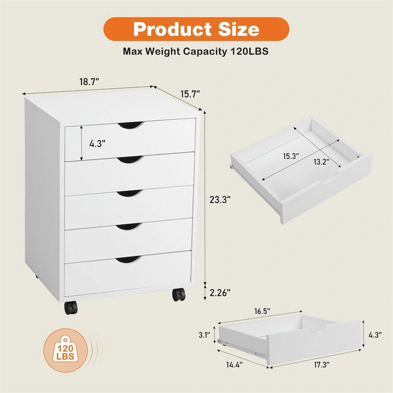 Commode de rangement à 5 tiroirs blanche/noire avec roulettes – 1 personne