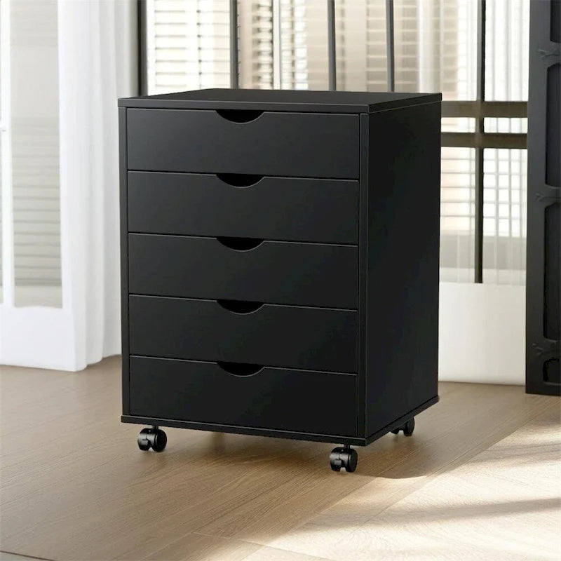 Commode de rangement à 5 tiroirs blanche/noire avec roulettes – 1 personne