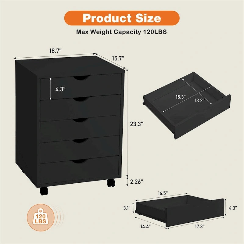 Commode de rangement à 5 tiroirs blanche/noire avec roulettes – 1 personne
