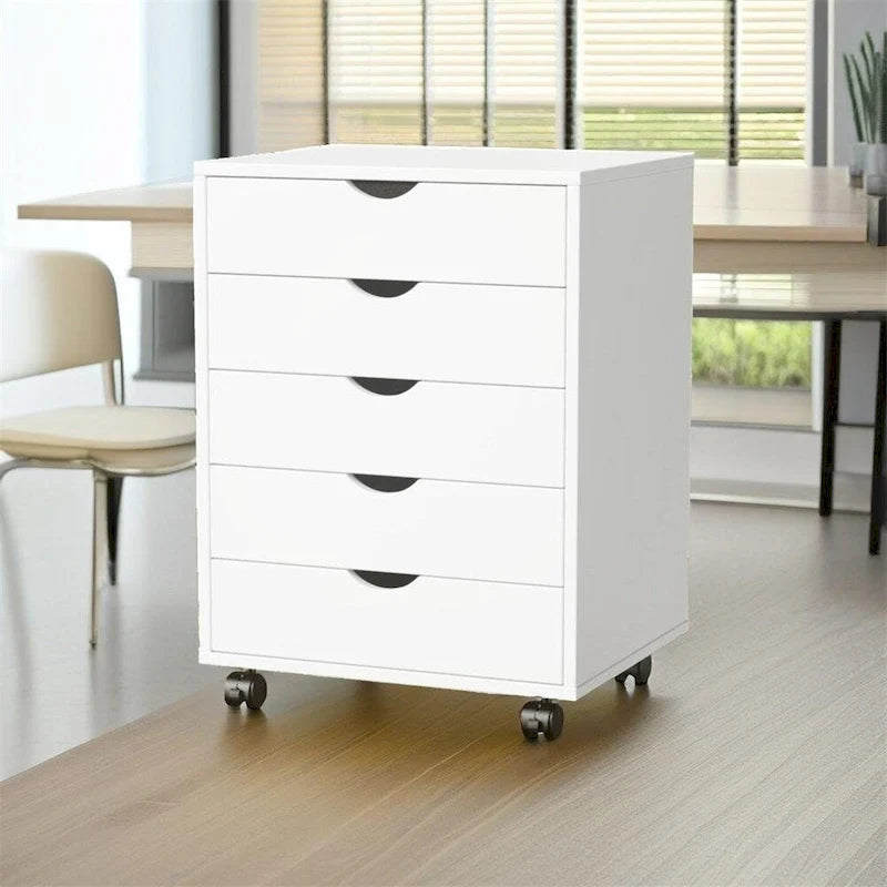 Commode de rangement à 5 tiroirs blanche/noire avec roulettes – 1 personne