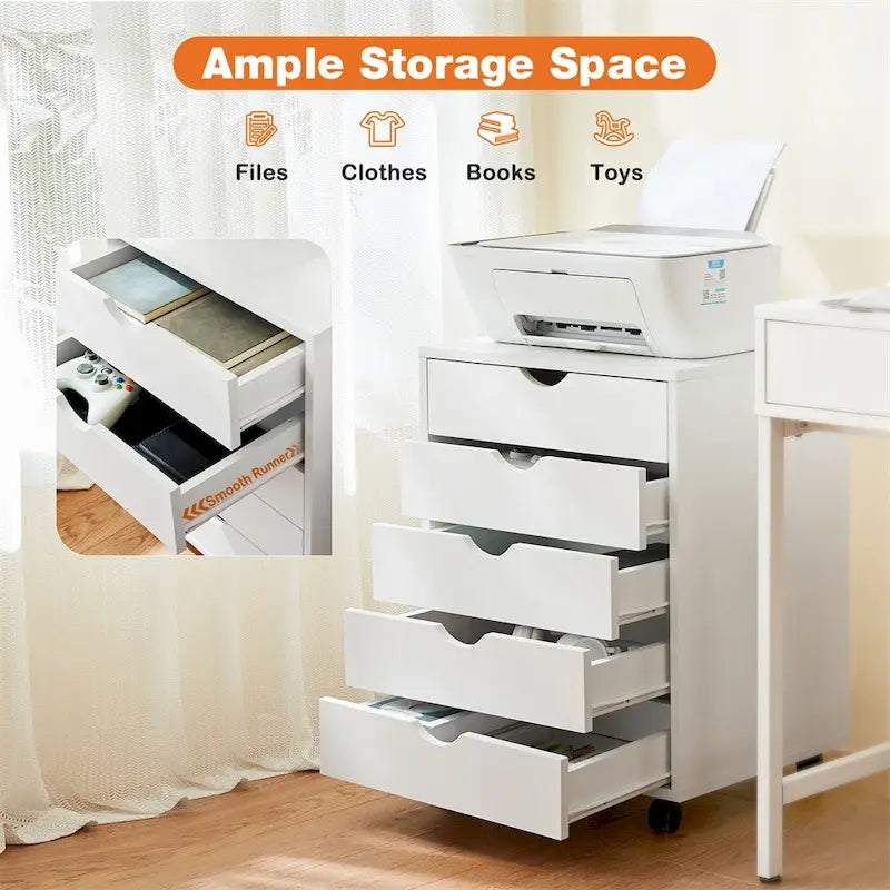 Commode de rangement à 5 tiroirs blanche/noire avec roulettes – 1 personne