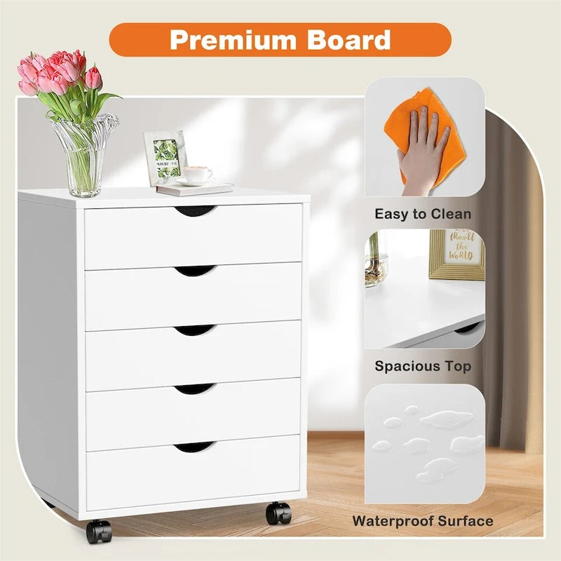 Commode de rangement à 5 tiroirs blanche/noire avec roulettes – 1 personne