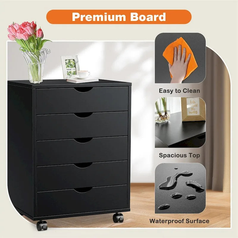 Commode de rangement à 5 tiroirs blanche/noire avec roulettes – 1 personne