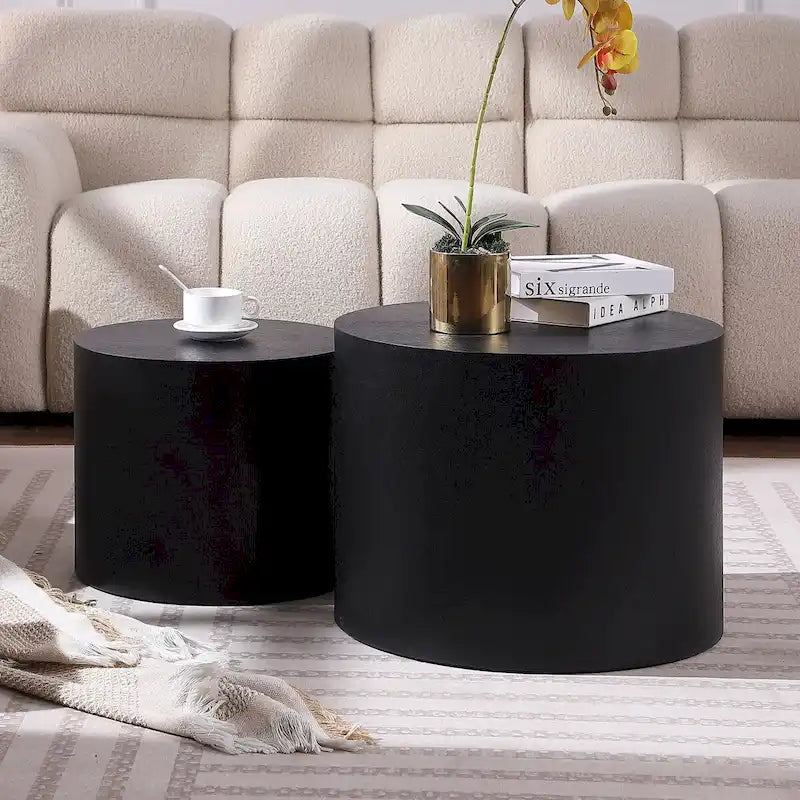 Lot de 2 tables d'appoint gigognes en placage chêne / noyer / noir / blanc / bleu