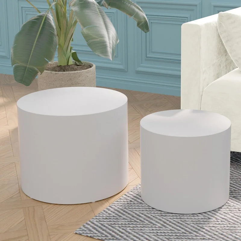 Lot de 2 tables d'appoint gigognes en placage chêne / noyer / noir / blanc / bleu