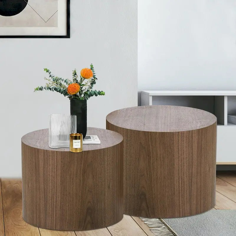 Lot de 2 tables d'appoint gigognes en placage chêne / noyer / noir / blanc / bleu