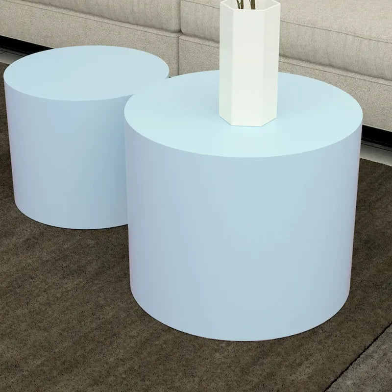 Lot de 2 tables d'appoint gigognes en placage chêne / noyer / noir / blanc / bleu