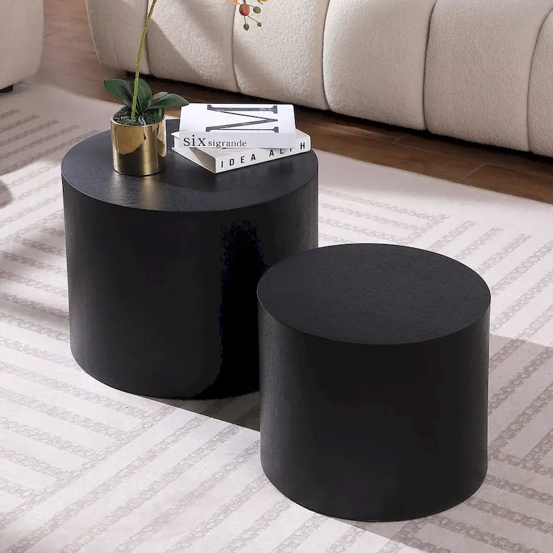 Lot de 2 tables d'appoint gigognes en placage chêne / noyer / noir / blanc / bleu