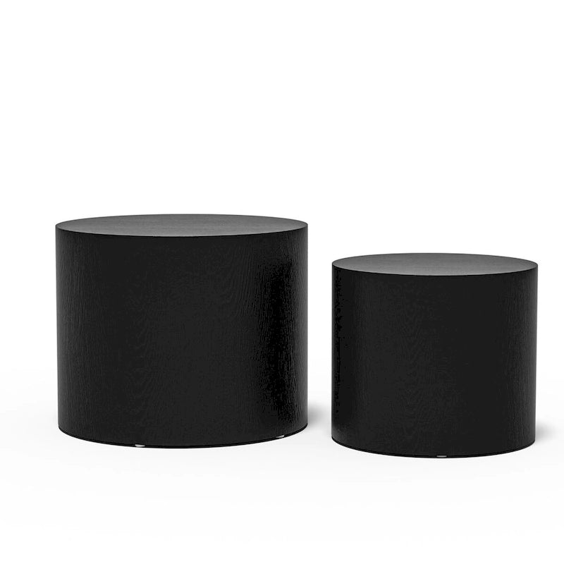 Lot de 2 tables d'appoint gigognes en placage chêne / noyer / noir / blanc / bleu