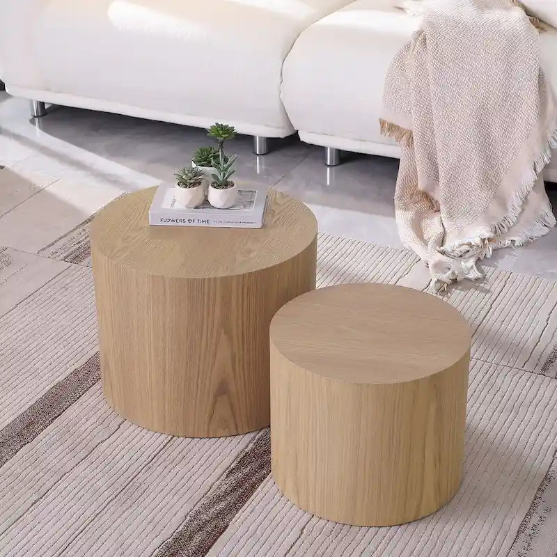 Lot de 2 tables d'appoint gigognes en placage chêne / noyer / noir / blanc / bleu