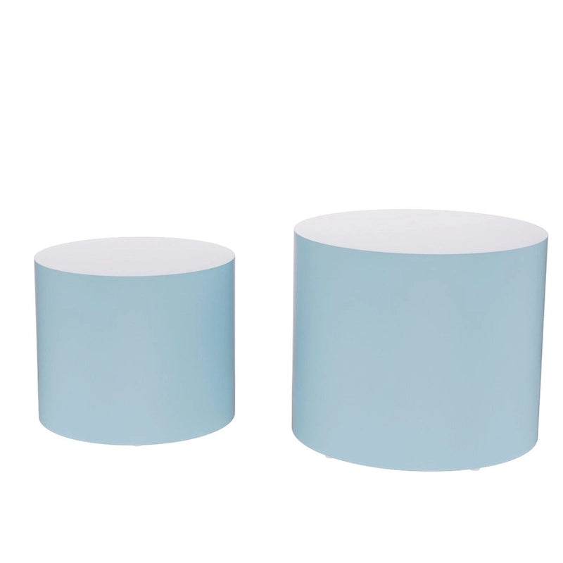 Lot de 2 tables d'appoint gigognes en placage chêne / noyer / noir / blanc / bleu