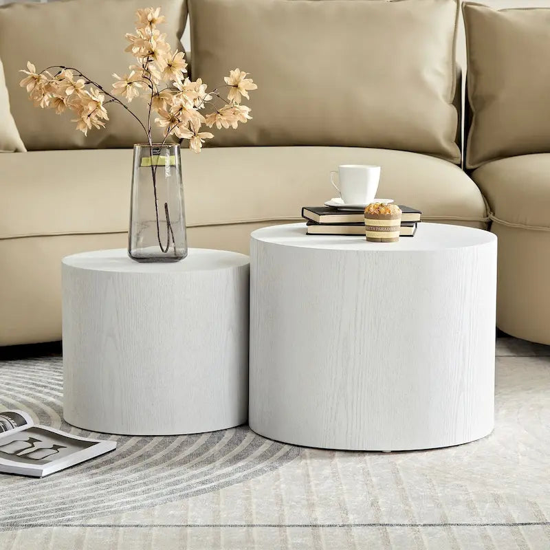 Lot de 2 tables d'appoint gigognes en placage chêne / noyer / noir / blanc / bleu