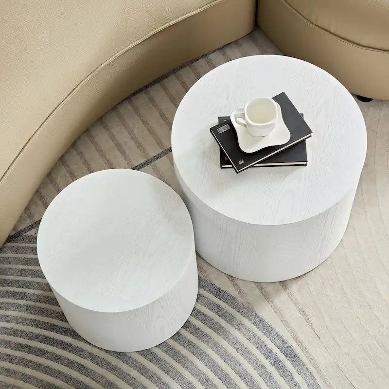 Lot de 2 tables d'appoint gigognes en placage chêne / noyer / noir / blanc / bleu