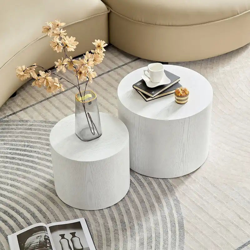 Lot de 2 tables d'appoint gigognes en placage chêne / noyer / noir / blanc / bleu