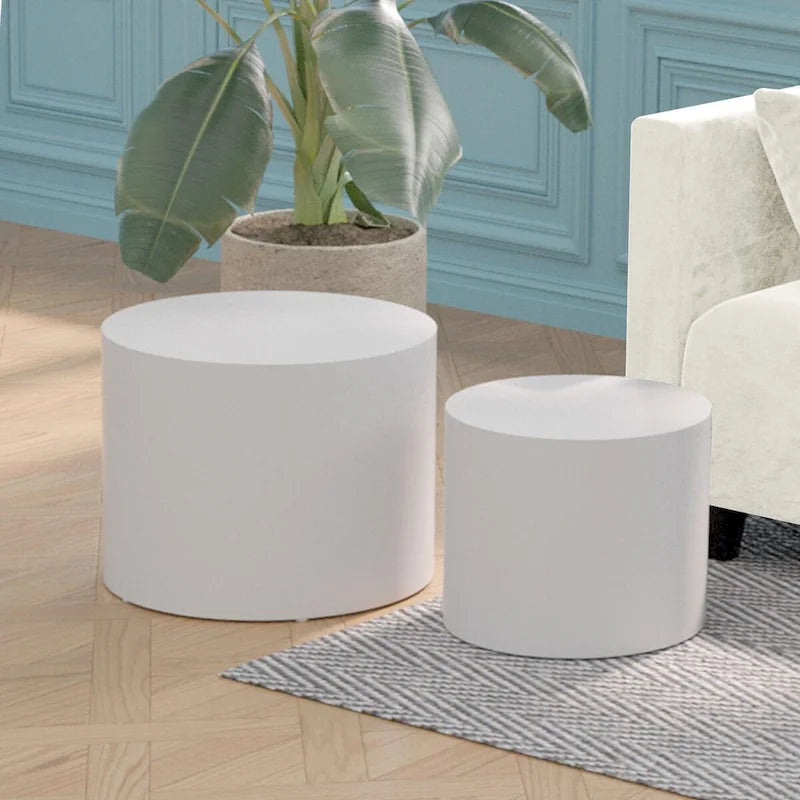 Lot de 2 tables d'appoint gigognes en placage chêne / noyer / noir / blanc / bleu