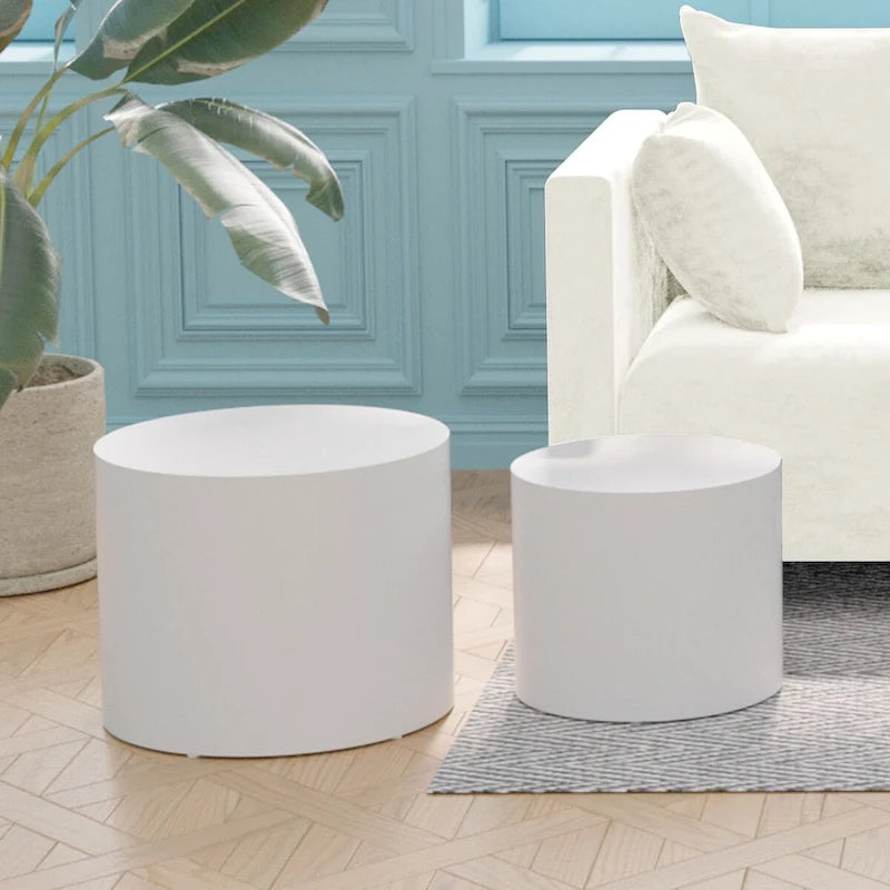Lot de 2 tables d'appoint gigognes en placage chêne / noyer / noir / blanc / bleu