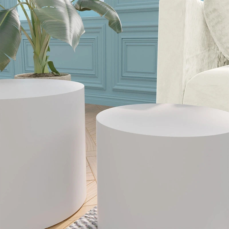 Lot de 2 tables d'appoint gigognes en placage chêne / noyer / noir / blanc / bleu