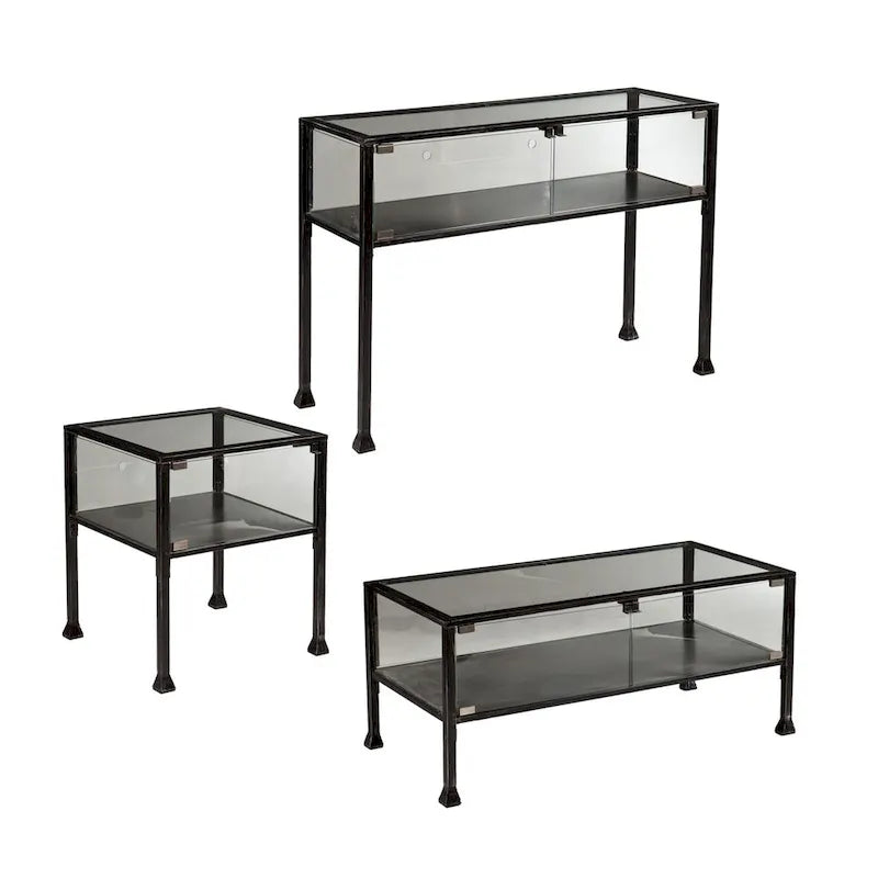 Table basse à plateau en verre noir pour 1 personne, structure en métal, 42,5"L × 21"P × 18,5"H