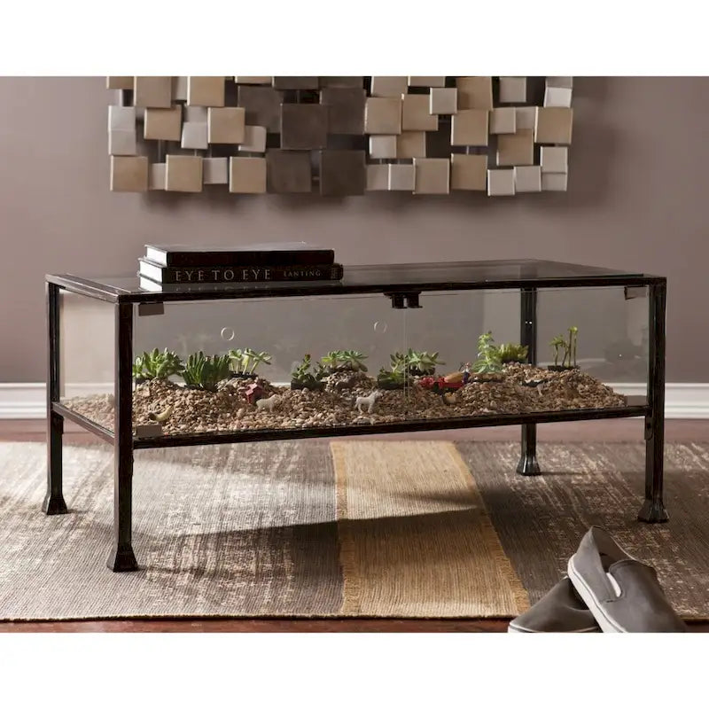 Table basse à plateau en verre noir pour 1 personne, structure en métal, 42,5"L × 21"P × 18,5"H