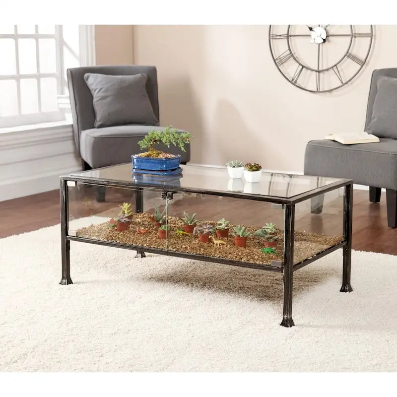 Table basse à plateau en verre noir pour 1 personne, structure en métal, 42,5"L × 21"P × 18,5"H