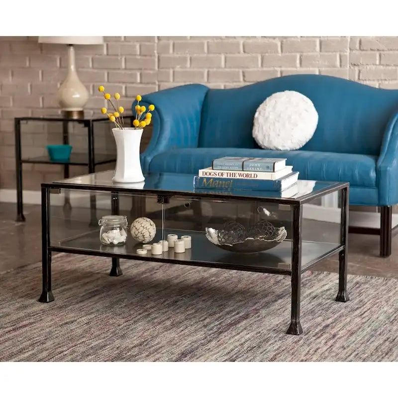 Table basse à plateau en verre noir pour 1 personne, structure en métal, 42,5"L × 21"P × 18,5"H