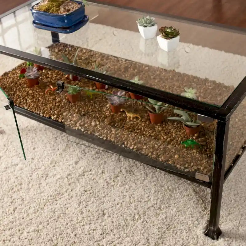 Table basse à plateau en verre noir pour 1 personne, structure en métal, 42,5"L × 21"P × 18,5"H