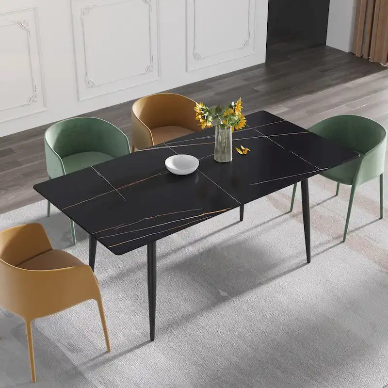 Table à manger rectangulaire en pierre frittée noire/blanche pour 6 à 8 personnes, piètement en X