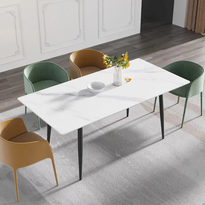 Table à manger rectangulaire en pierre frittée noire/blanche pour 6 à 8 personnes, piètement en X