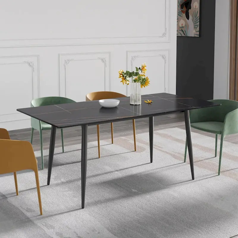 Table à manger rectangulaire en pierre frittée noire/blanche pour 6 à 8 personnes, piètement en X
