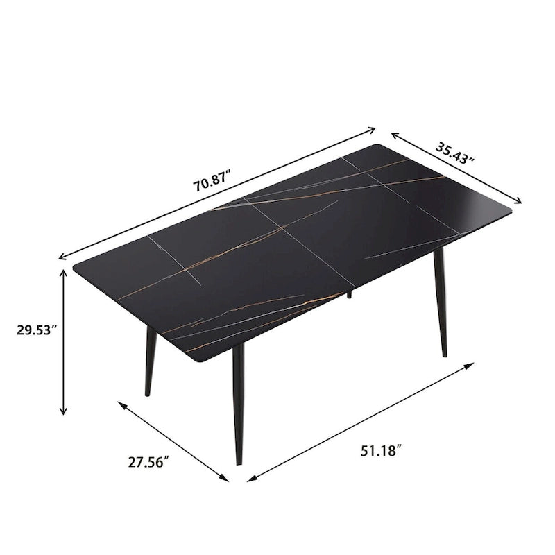 Table à manger rectangulaire en pierre frittée noire/blanche pour 6 à 8 personnes, piètement en X