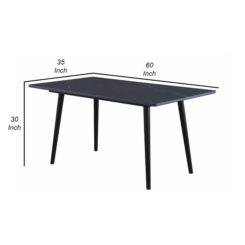 Table à manger en pierre frittée noire, pieds en métal coniques, 6 places
