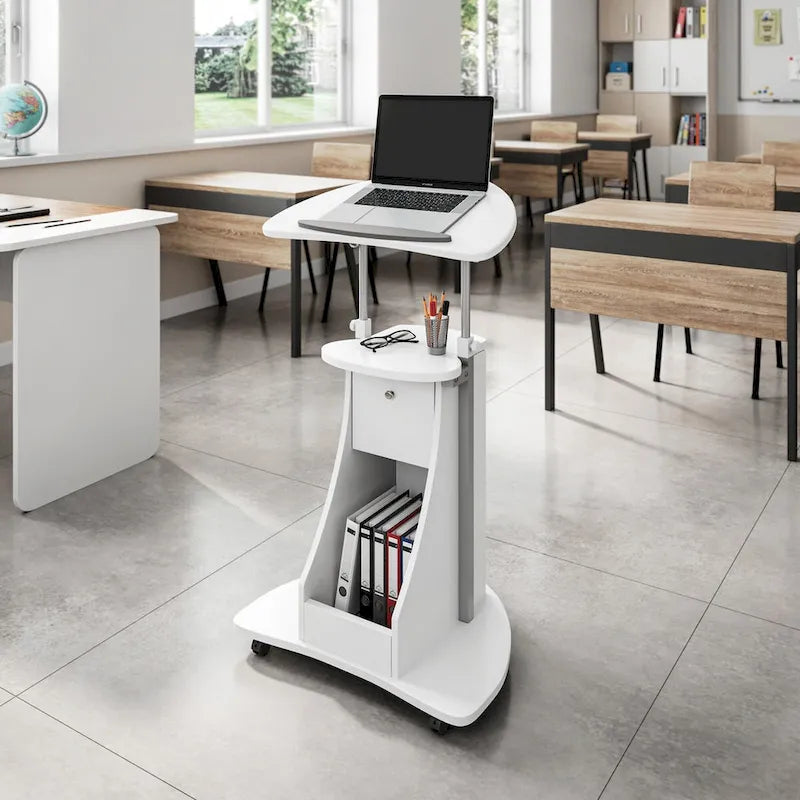 Chariot d'ordinateur portable roulant blanc réglable en hauteur avec rangement, 1 personne