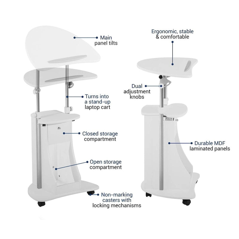 Chariot d'ordinateur portable roulant blanc réglable en hauteur avec rangement, 1 personne