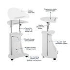 Chariot d'ordinateur portable roulant blanc réglable en hauteur avec rangement, 1 personne