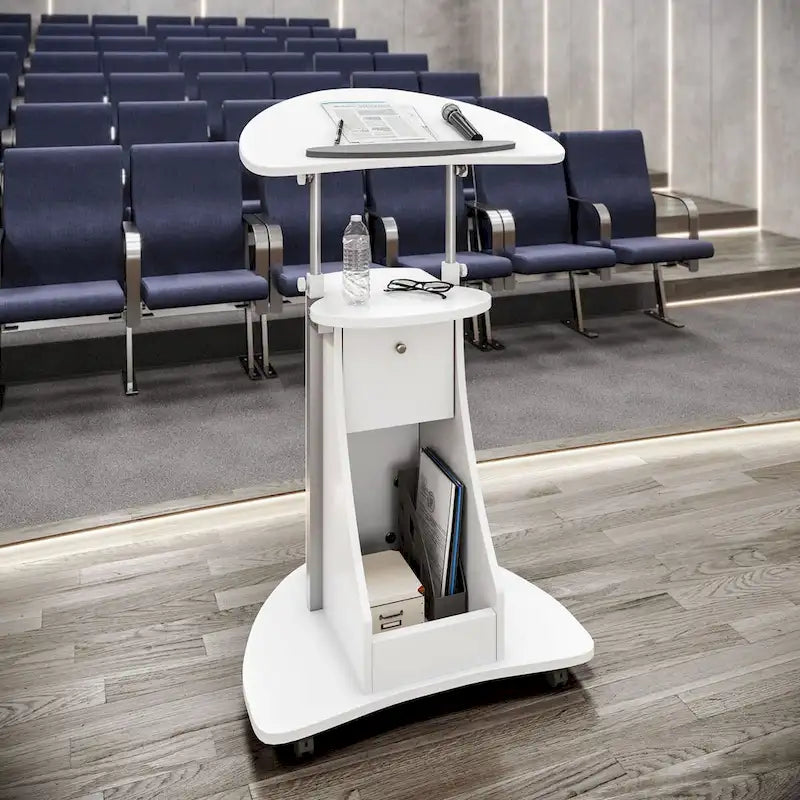 Chariot d'ordinateur portable roulant blanc réglable en hauteur avec rangement, 1 personne