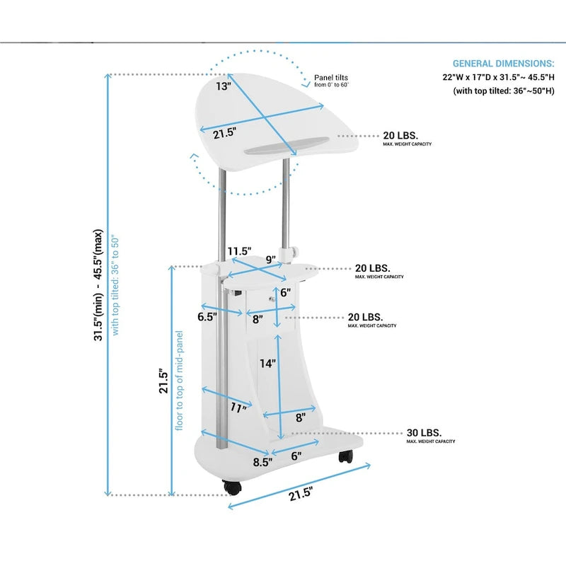 Chariot d'ordinateur portable roulant blanc réglable en hauteur avec rangement, 1 personne