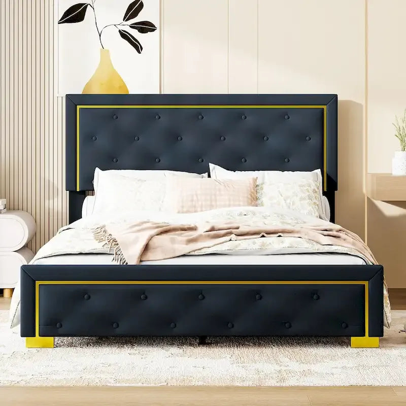 Lit plate-forme tapissé en velours Queen Size – Beige / Noir / Gris, Pour 2