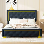 Lit plate-forme tapissé en velours Queen Size – Beige / Noir / Gris, Pour 2