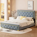 Lit plate-forme tapissé en velours Queen Size – Beige / Noir / Gris, Pour 2